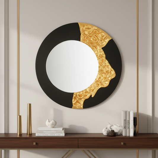The Bold Edge - Black & Gold Round Luxury Wall Mirror ~ 3.2 Feet Dia