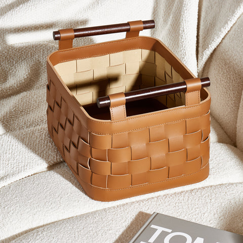 Interwoven Elegance - Brown Leather Woven Basket