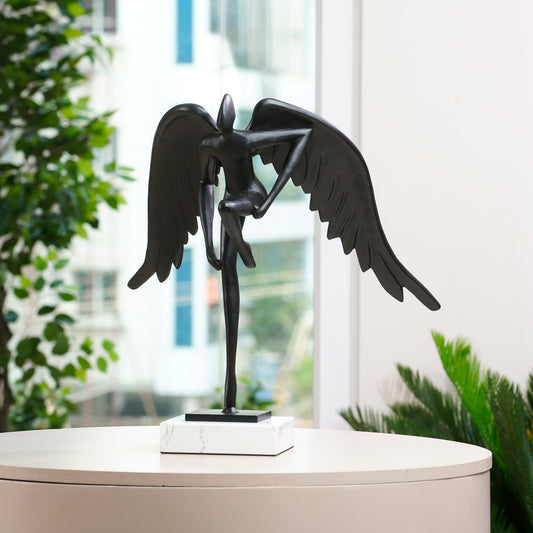Showpiece The Midnight Majesty - Marble & Alloy Human with Wings Table Sculpture - 1.5 Feet Tall