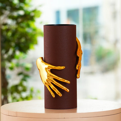 Legacy's Grasp - Leather & Glass Human Hands Flower Vase