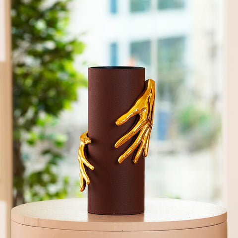 Legacy's Grasp - Leather & Glass Human Hands Flower Vase