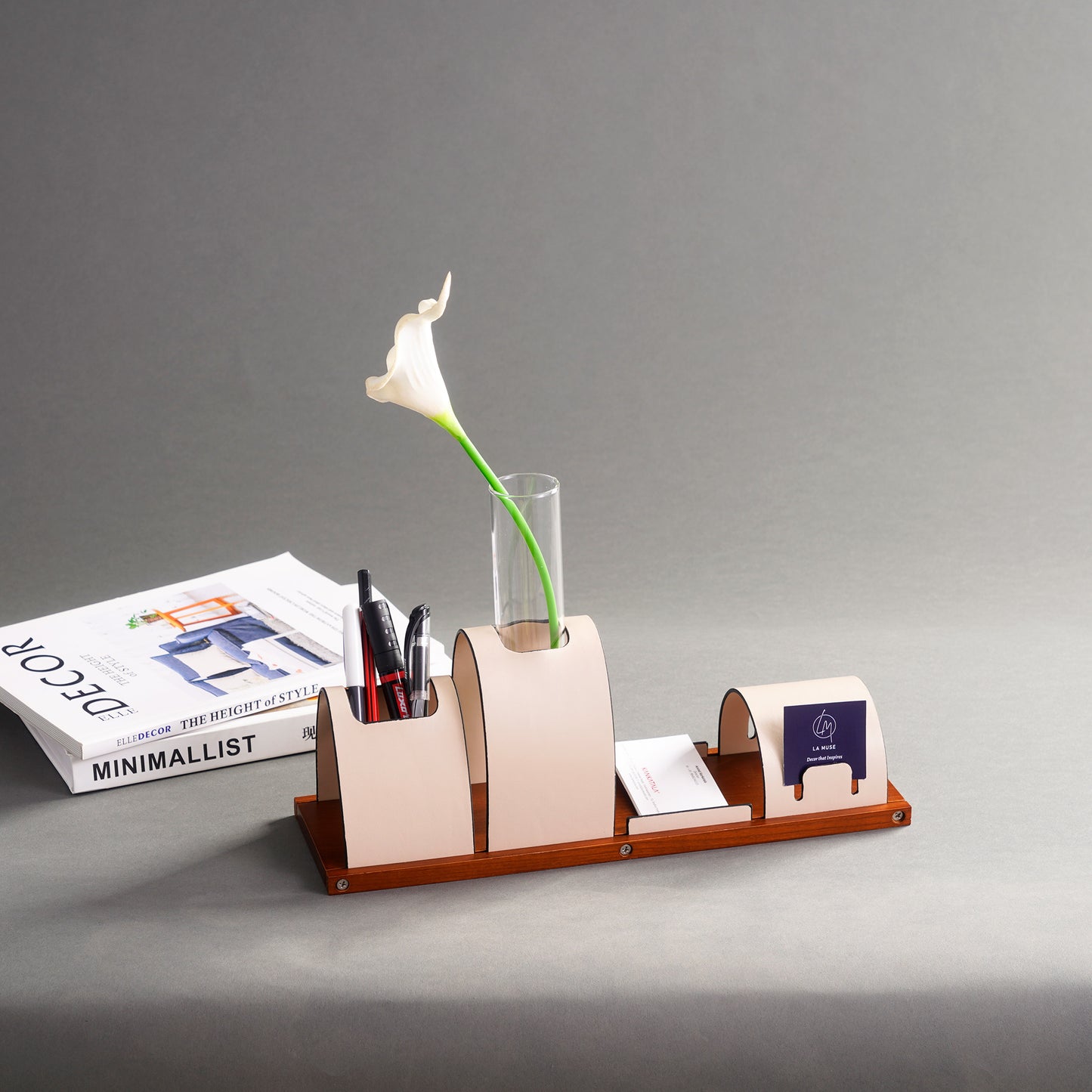 Desk Organizer The Executive's Elegance: Leather & Walnut Wood Desk Organiser - Beige