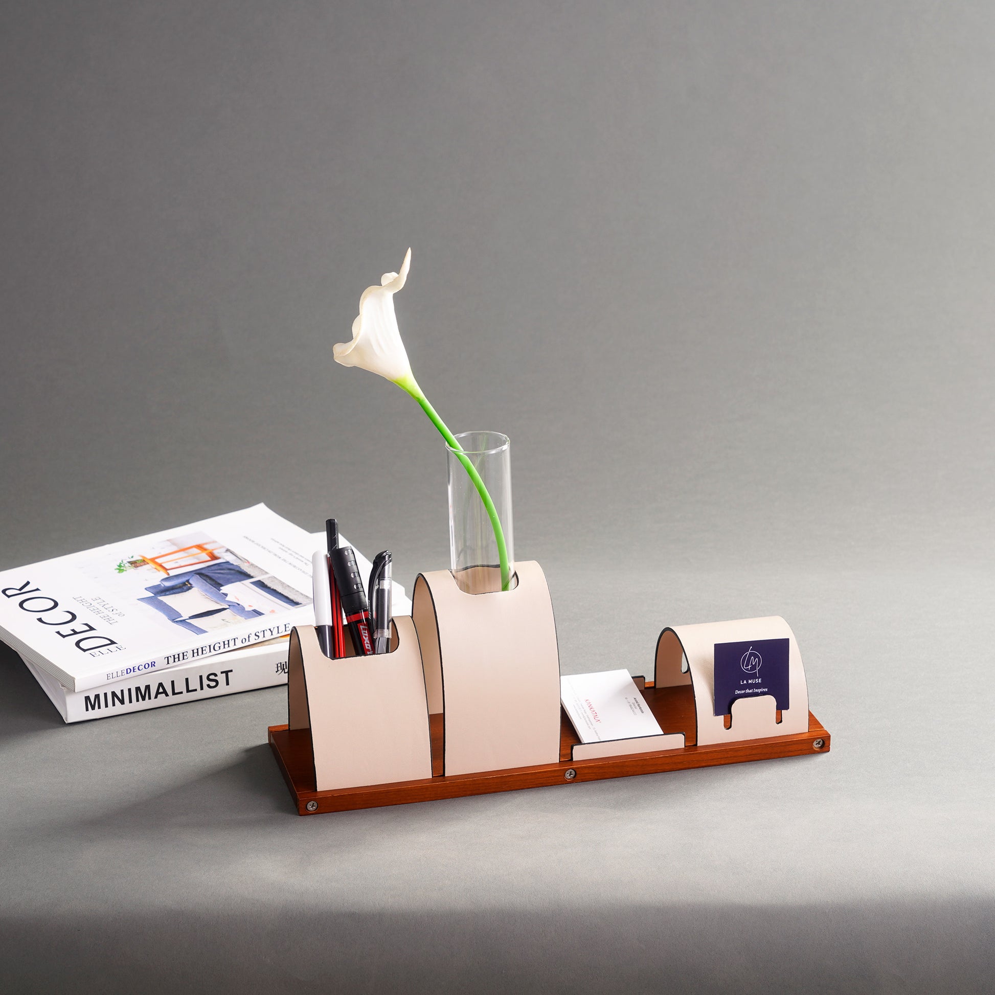 Desk Organizer The Executive's Elegance: Leather & Walnut Wood Desk Organiser - Beige