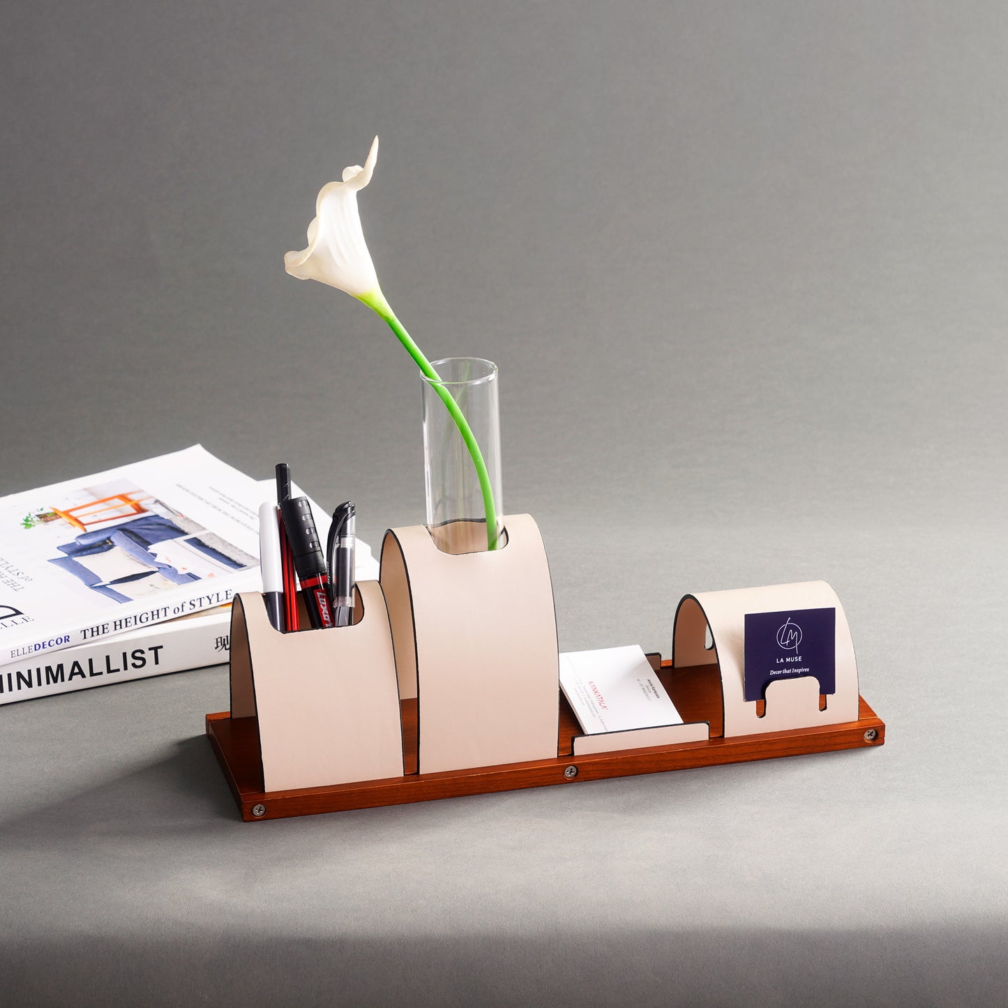 Desk Organizer The Executive's Elegance: Leather & Walnut Wood Desk Organiser - Beige