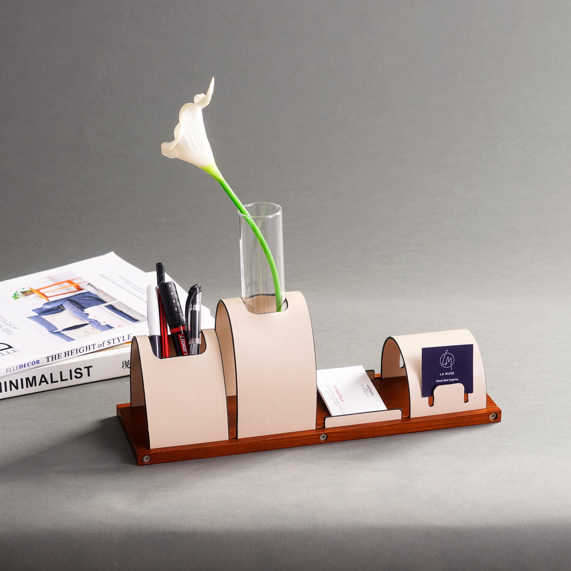 Desk Organizer The Executive's Elegance: Leather & Walnut Wood Desk Organiser - Beige