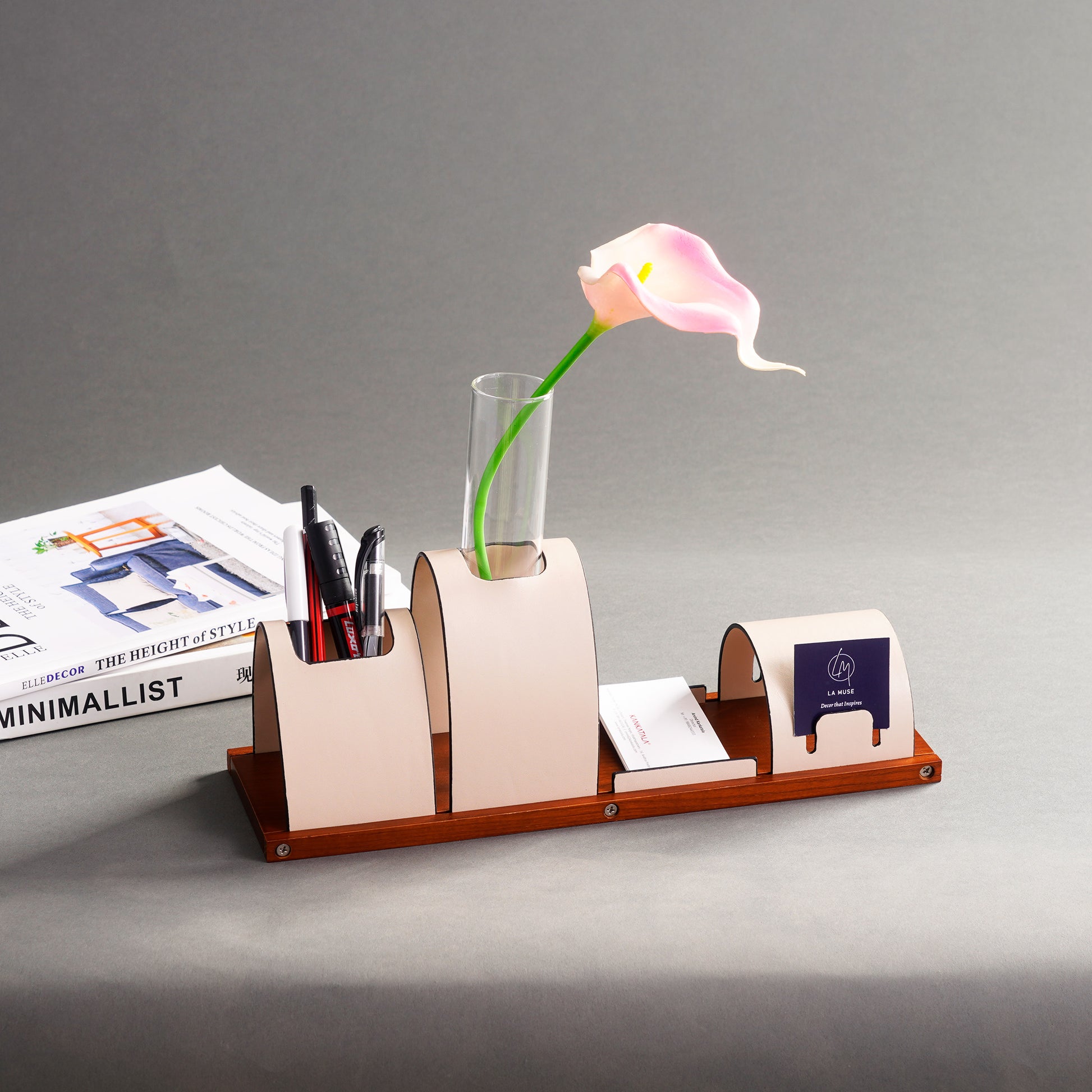 Desk Organizer The Executive's Elegance: Leather & Walnut Wood Desk Organiser - Beige