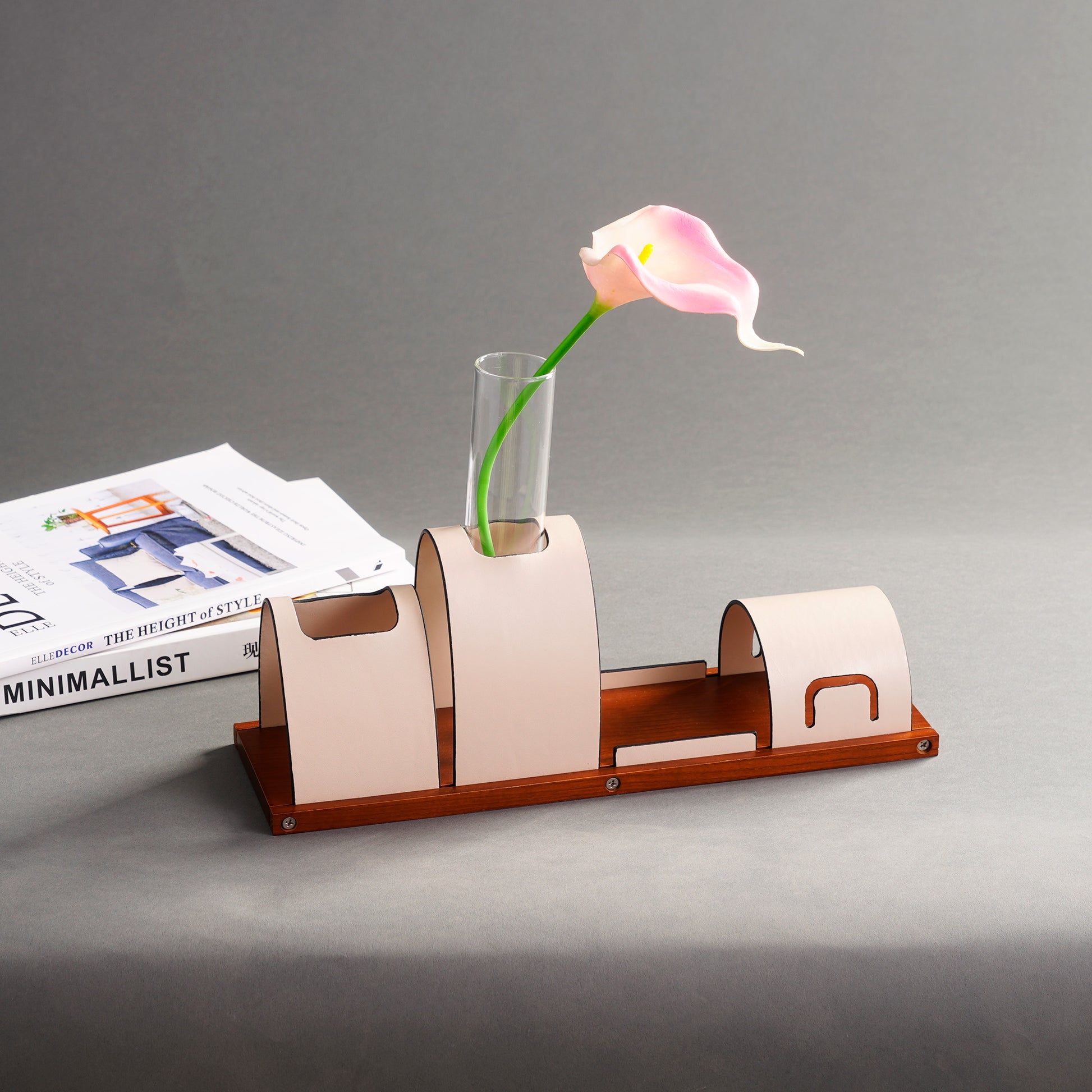 Desk Organizer The Executive's Elegance: Leather & Walnut Wood Desk Organiser - Beige