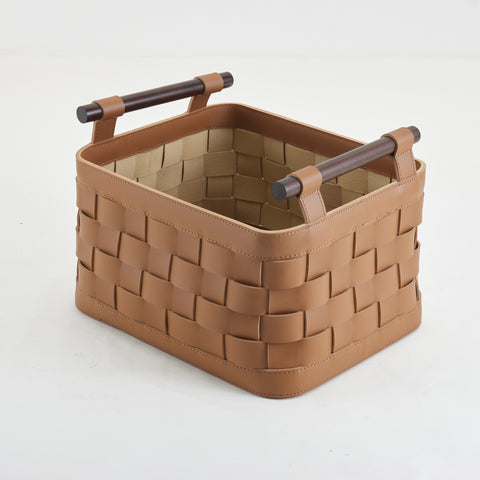 Interwoven Elegance - Brown Leather Woven Basket