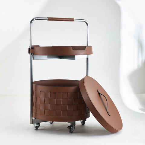 Refined Hosting:  Leather Storage Trolley and Side Table ≈2.5 Feet Tall