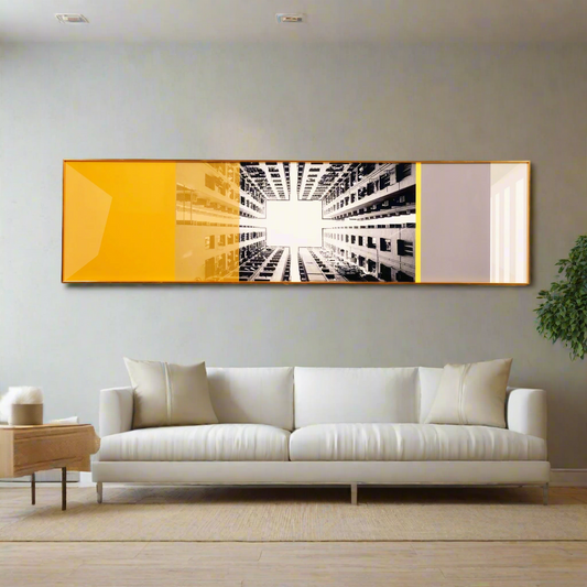crystal porcelain wall arts Urban Heights Cityscape Themed Framed Glass Wall Art - Yellow & Grey ~ 5 Feet Long