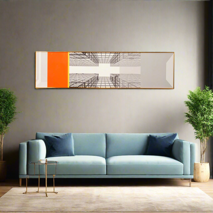 crystal porcelain wall arts Urban Heights Cityscape Themed Framed Glass Wall Art - Orange & Grey ~ 5 Feet Long