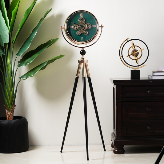 Artisanal Timecraft - Designer Floor Clock with Moving Gears Mechanism - Green & Gold - Style 2