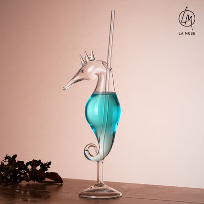 Cocktail Glass Maritime Muse - Seahorse Themed Cocktail Glass with Glass Straw (Set of 2) (330 ml)