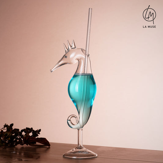 Cocktail Glass Maritime Muse - Seahorse Themed Cocktail Glass with Glass Straw (Set of 2) (330 ml)