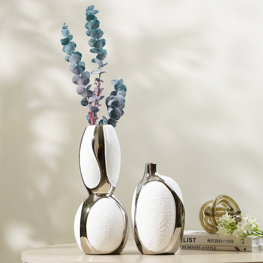 Table Vase The Lunar Pair - White & Silver Ceramic Table Vases