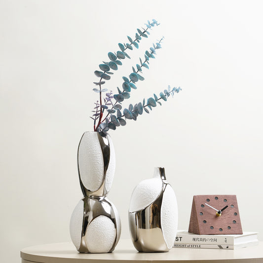 Table Vase The Lunar Pair - White & Silver Ceramic Table Vases