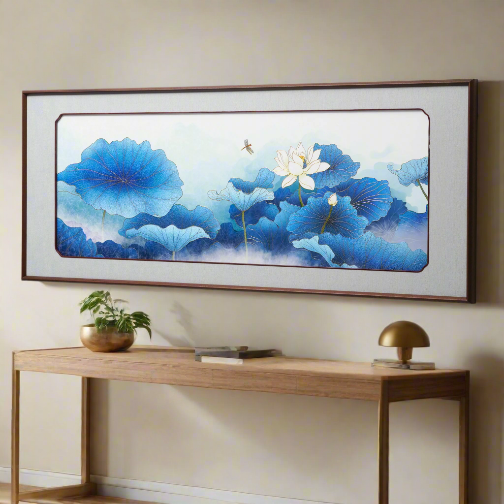 5 feet long framed luxury artwork in floral design on a console table