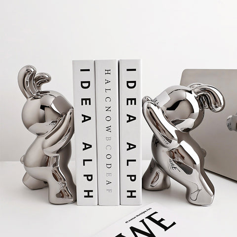 The Spontaneous Coney -  Style 2 - Silver Ceramic Rabbits Bookend (Set of 2)
