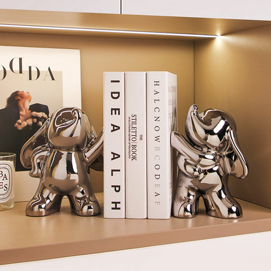Bookend The Bliss of a Free Spirit - Ceramic Silver Elephants Table Showpiece (Set of 2)