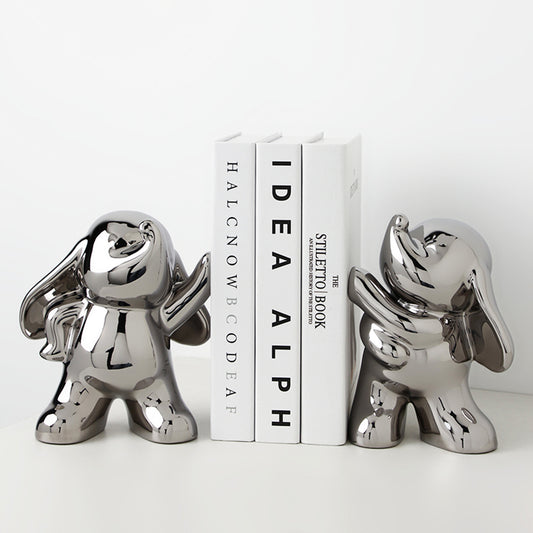 Bookend The Bliss of a Free Spirit - Ceramic Silver Elephants Table Showpiece (Set of 2)