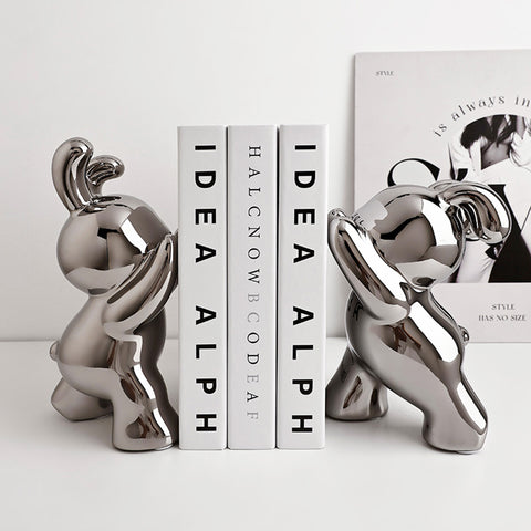 The Spontaneous Coney -  Style 2 - Silver Ceramic Rabbits Bookend (Set of 2)