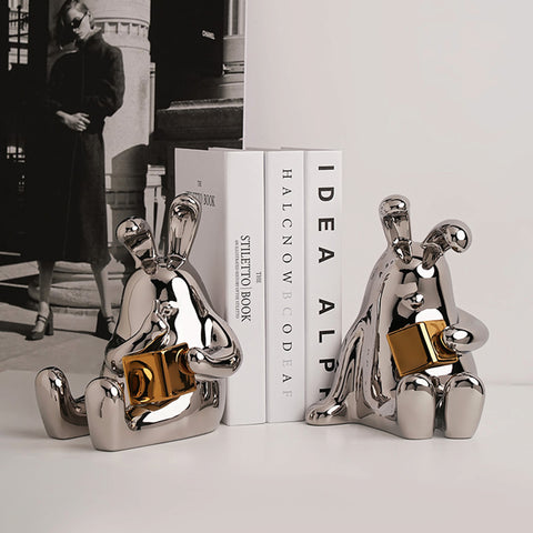 Whispering Comrades - Reading Rabbit Bookends - Silver