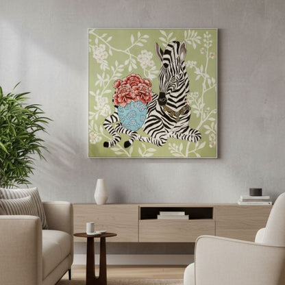 luxury wall art of zebras and flowers in a living room setting