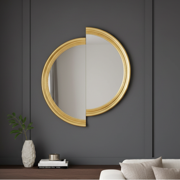 Gold-framed luxury wall mirror in a modern living room interiors