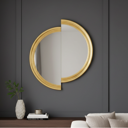 Gold-framed luxury wall mirror in a modern living room interiors