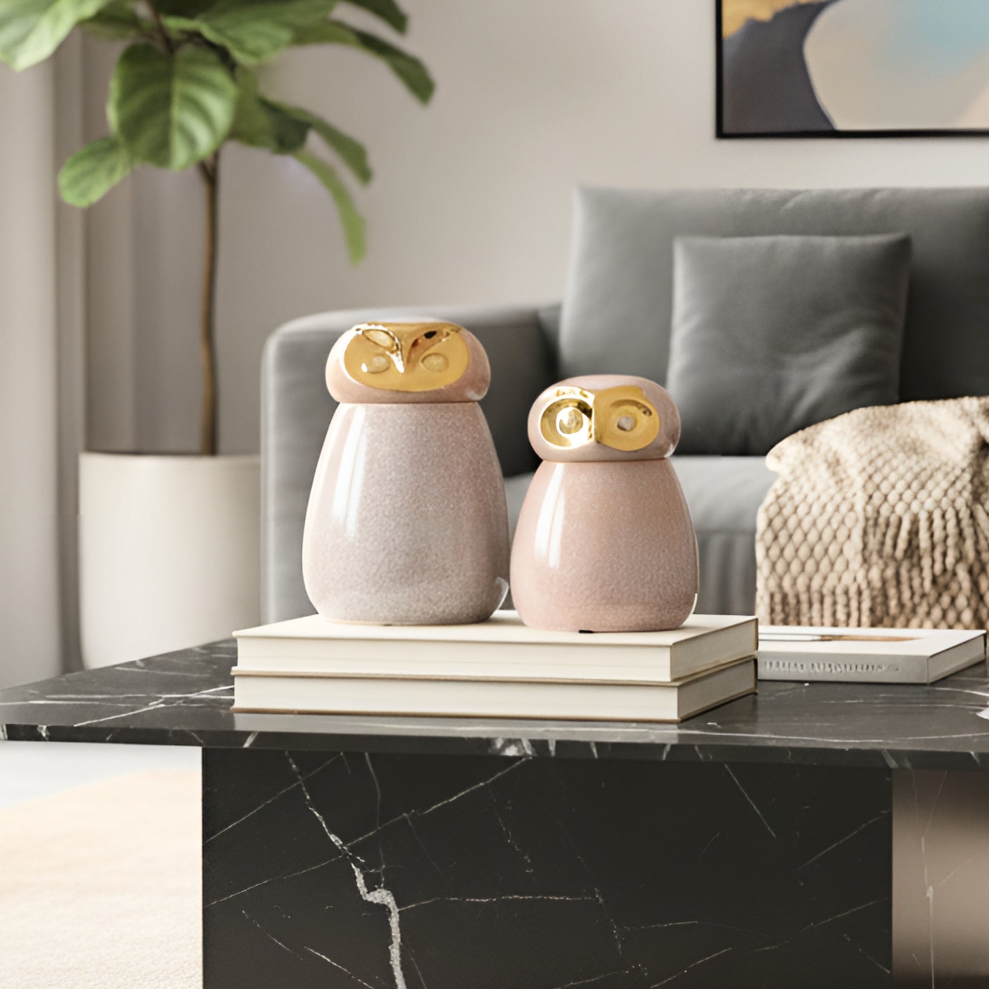 The Keepers by La Muse – Ceramic Owl Jar Set for Bookshelf & Console
