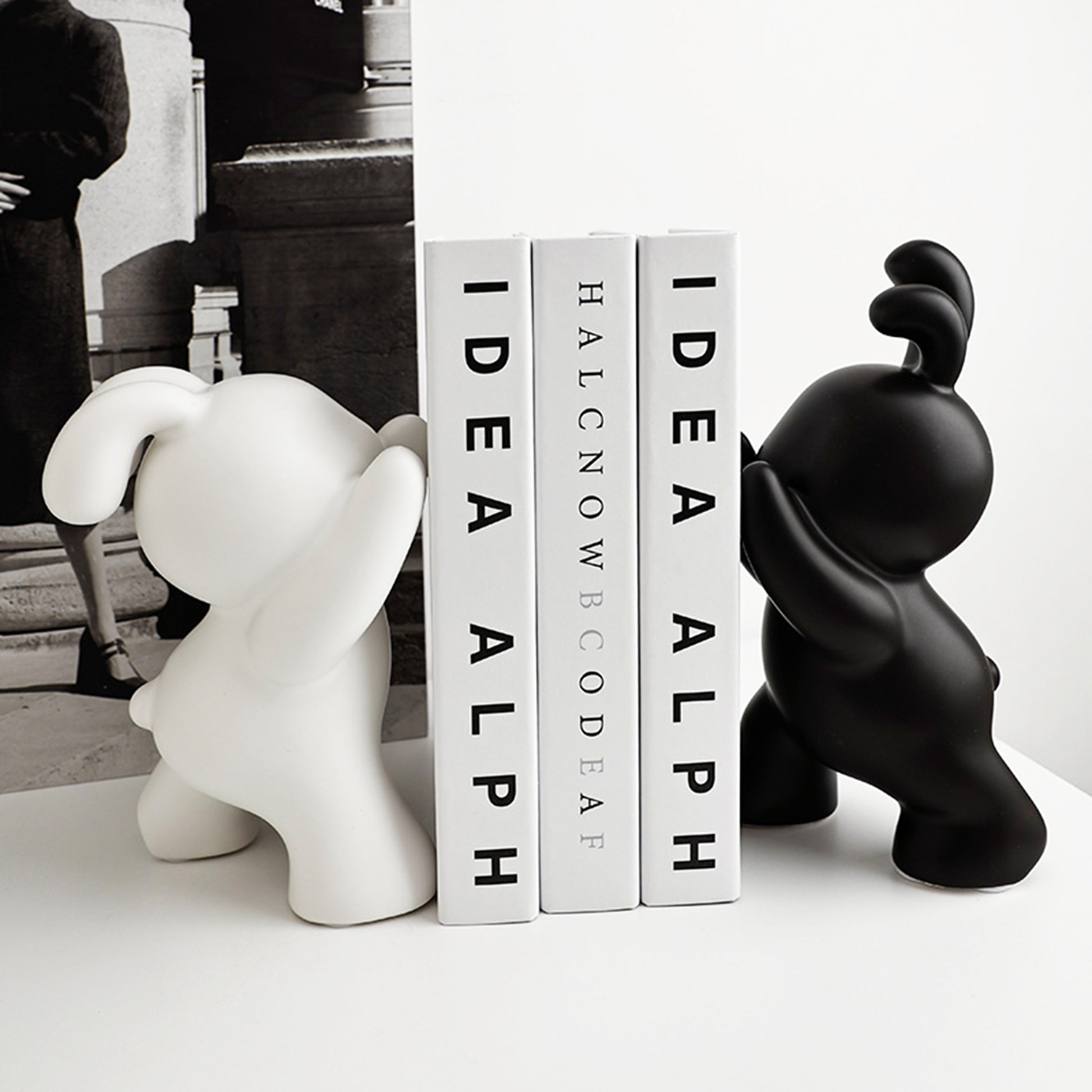 Bookend The Spontaneous Coney - Style 2 - Black & White Ceramic Rabbits Bookend (Set of 2)