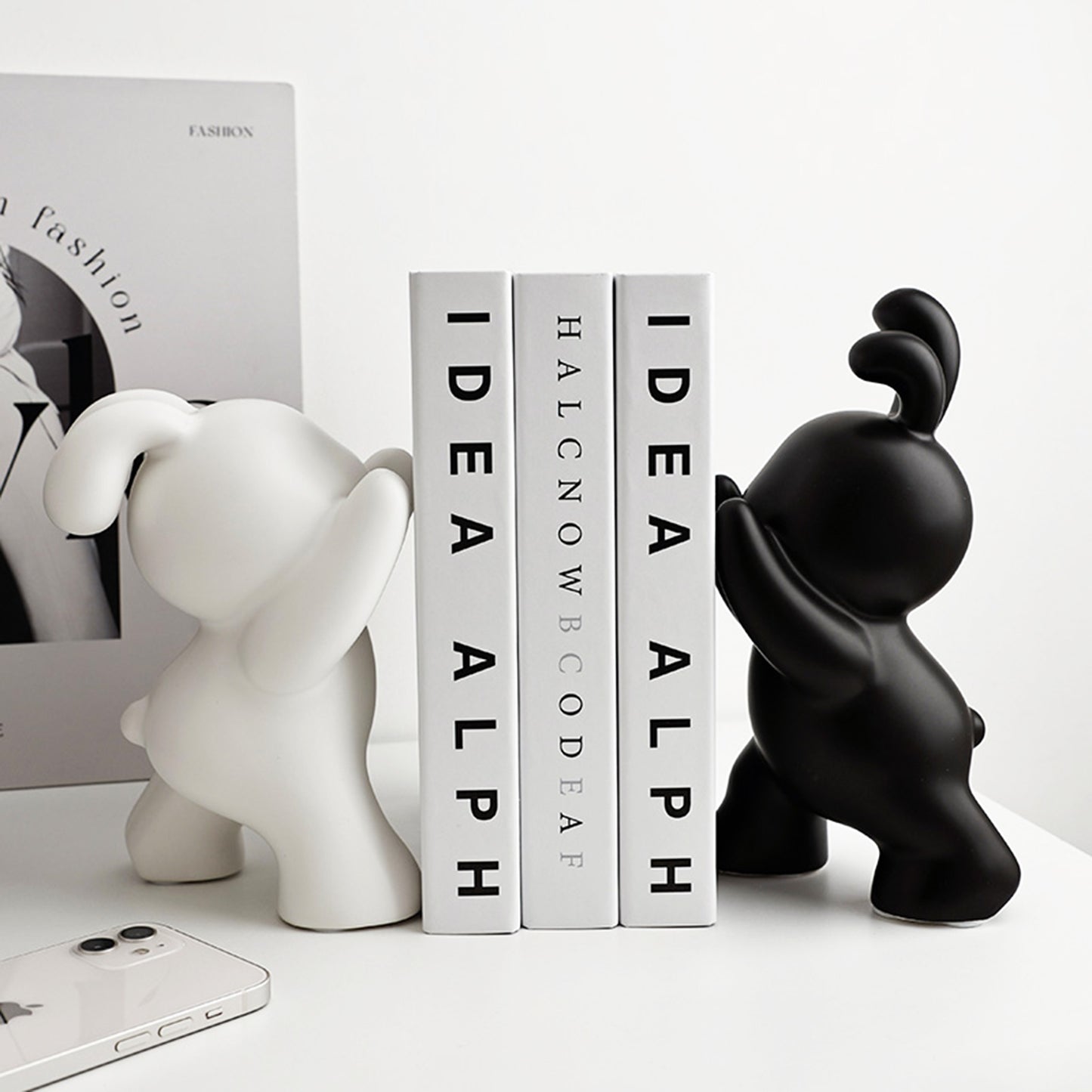 Bookend The Spontaneous Coney - Style 2 - Black & White Ceramic Rabbits Bookend (Set of 2)