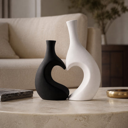 Amora ceramic vase set styled on a luxury living room coffee table