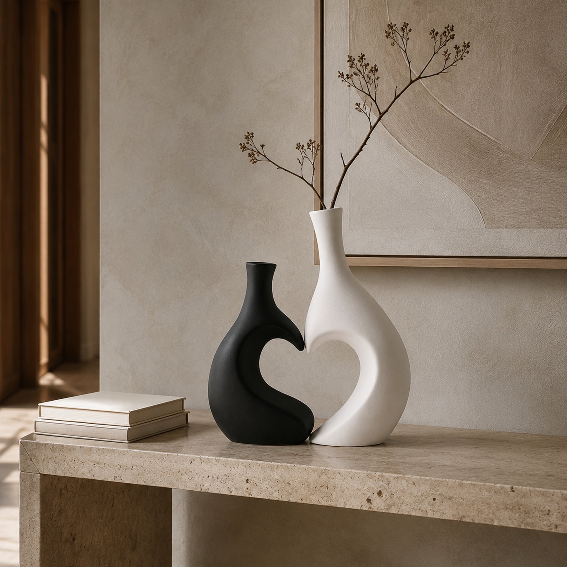 Amora ceramic vase set styled on a luxury entrance console