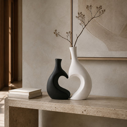 Amora ceramic vase set styled on a luxury entrance console