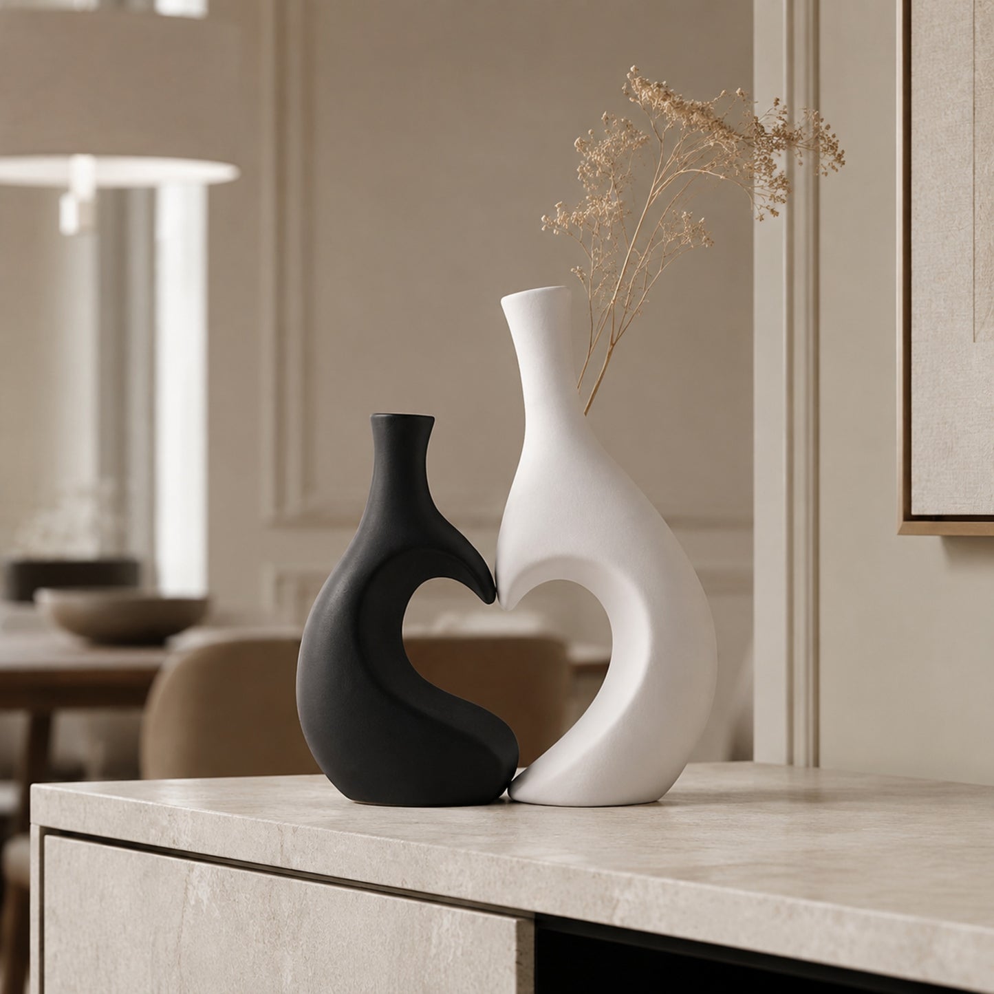 Amora ceramic vase set styled on an elegant dining sideboard