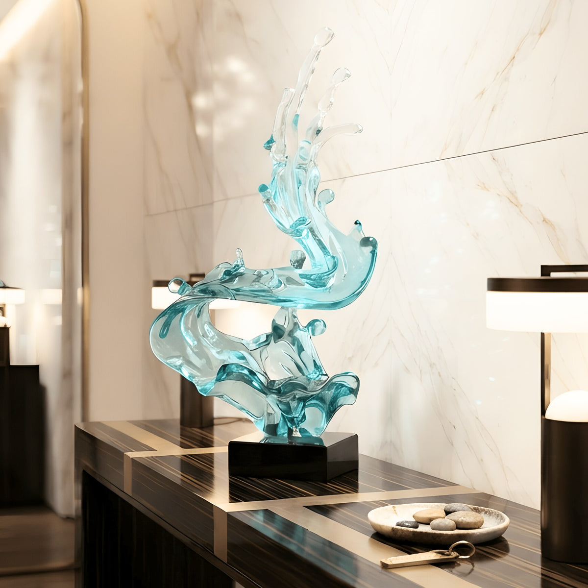 Aqua large wave showpiece styled in an entryway