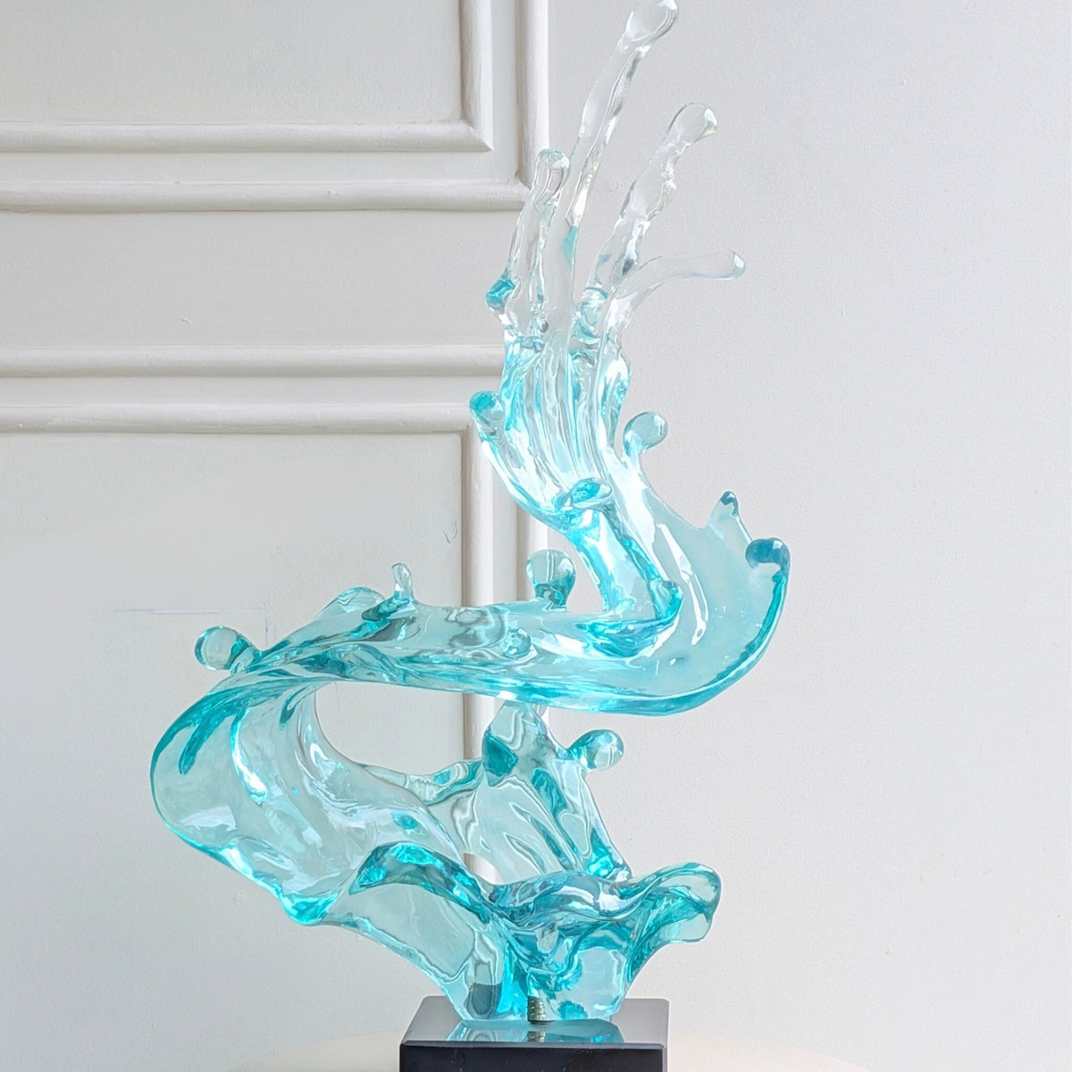 Aqua 2.3 feet tall blue resin and marble showpiece, full view
