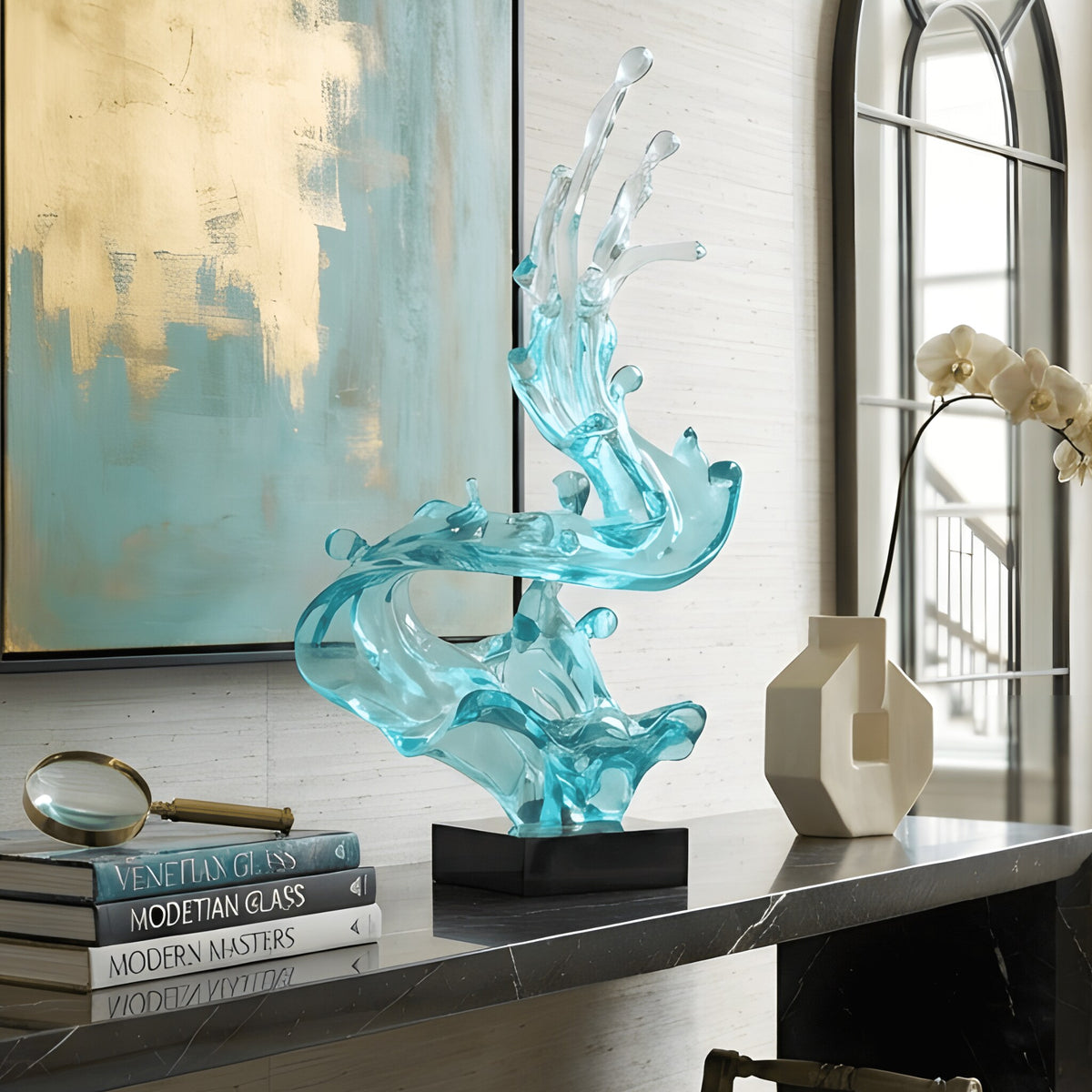Aqua large resin showpiece styled on a black marble console