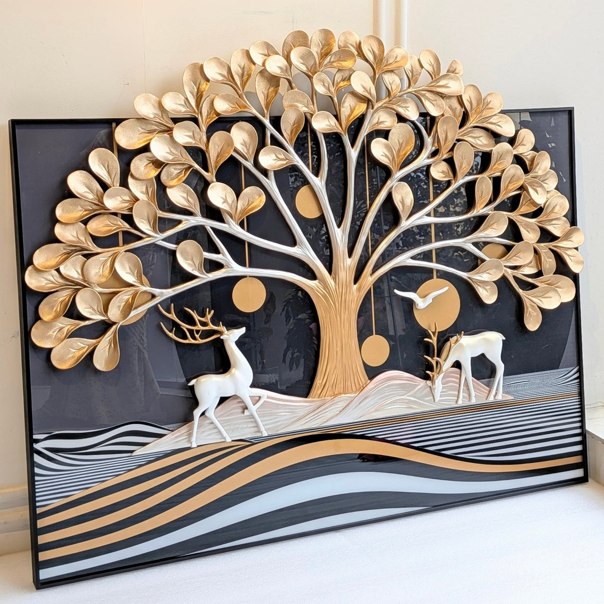 Arbor golden tree and white deer sculptural premium wall art - angled view for luxury interiors