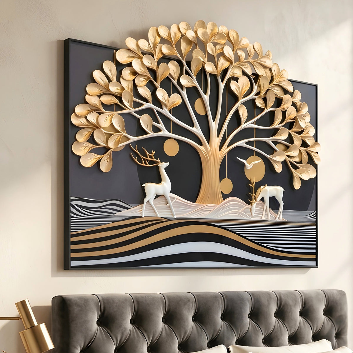 Arbor golden tree and white deer sculptural premium wall art - bedroom for luxury interiors