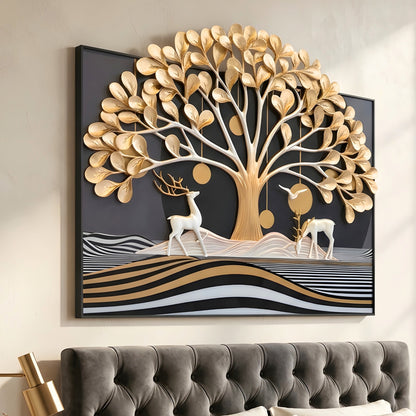 Arbor golden tree and white deer sculptural premium wall art - bedroom for luxury interiors