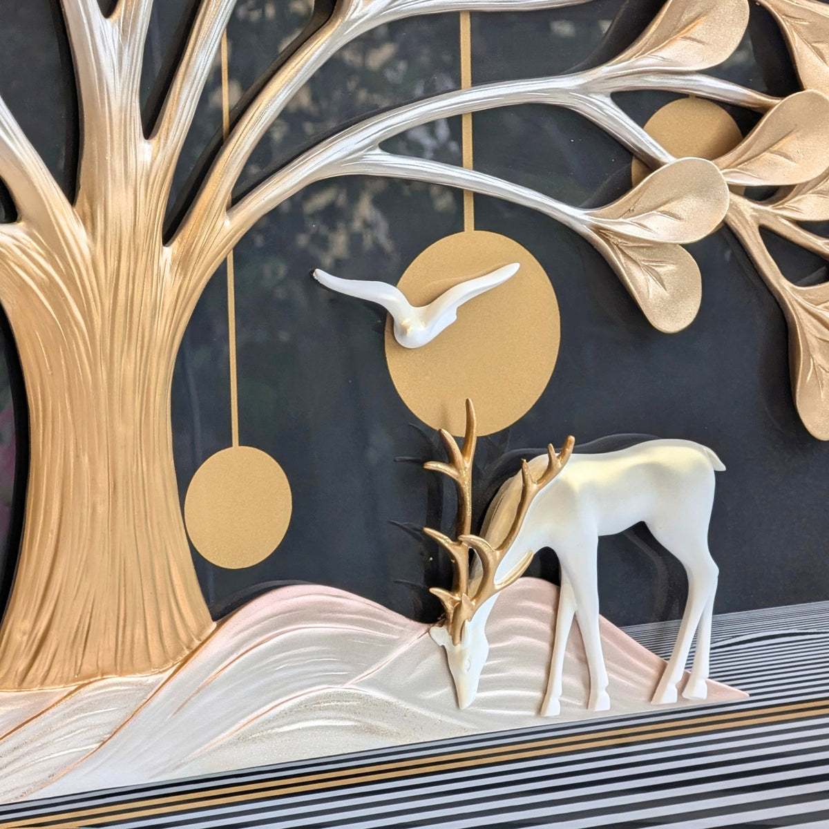 Arbor golden tree and white deer sculptural premium wall art - deer and bird detail for luxury interiors