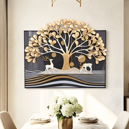 Arbor golden tree and white deer sculptural premium wall art - dining room for luxury interiors