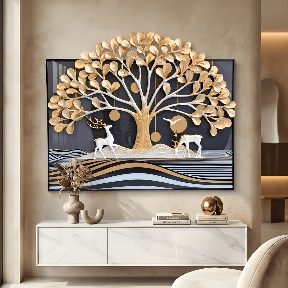 Arbor golden tree and white deer sculptural premium wall art - entryway console for luxury interiors