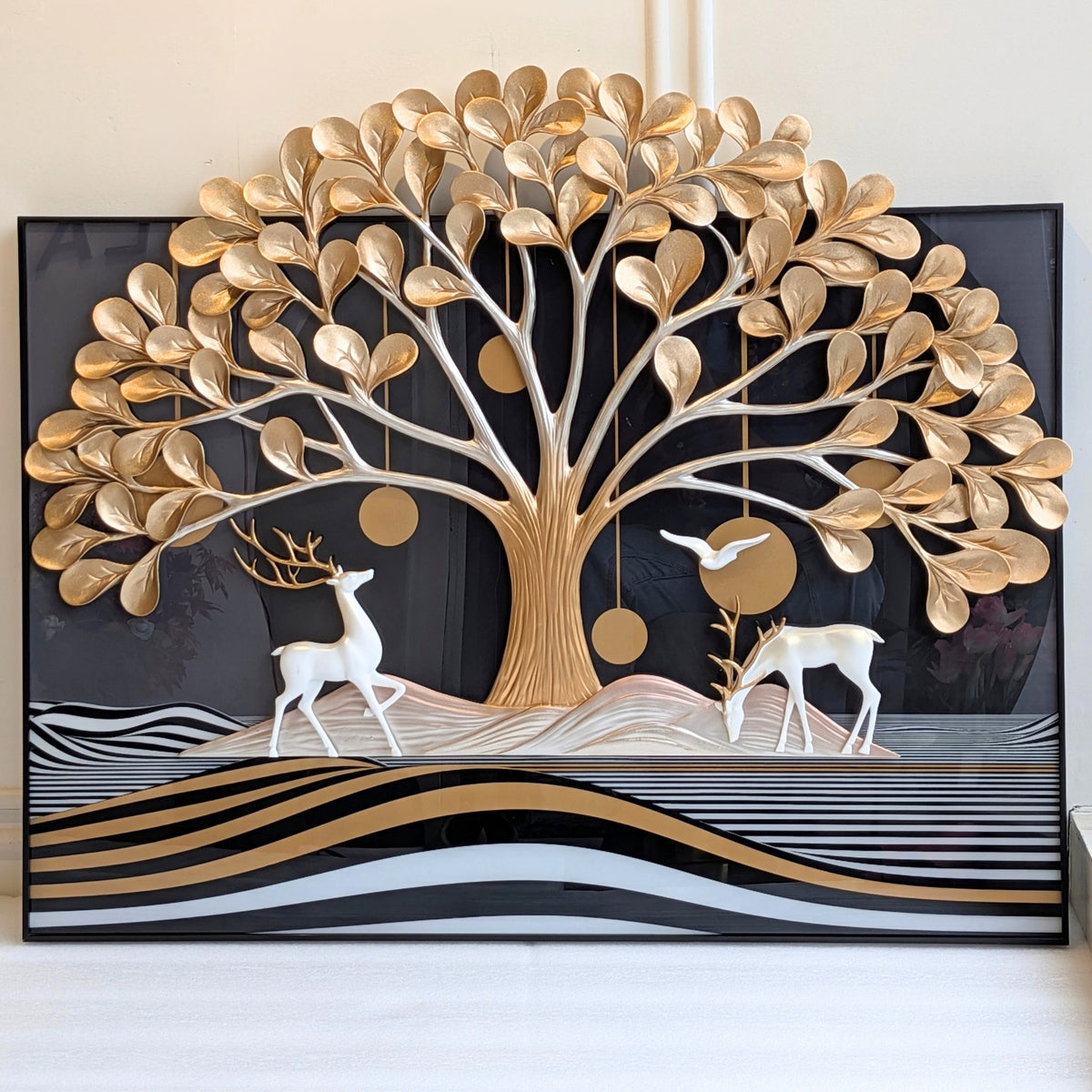 Arbor golden tree and white deer sculptural premium wall art - front view for luxury interiors