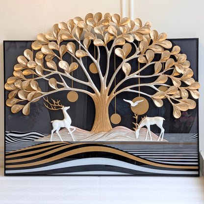 Arbor golden tree and white deer sculptural premium wall art - front view for luxury interiors