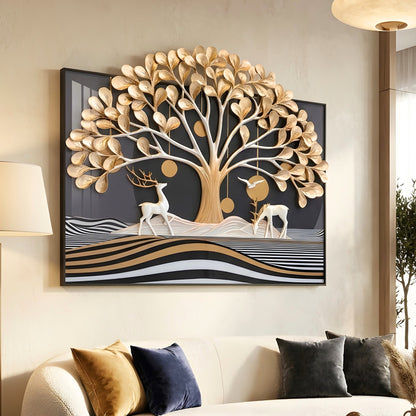 Arbor golden tree and white deer sculptural premium wall art - living room sofa for luxury interiors