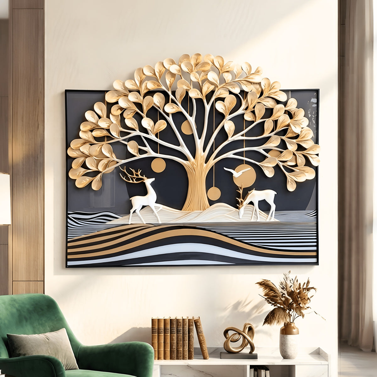 Arbor golden tree and white deer sculptural premium wall art - lounge for luxury interiors