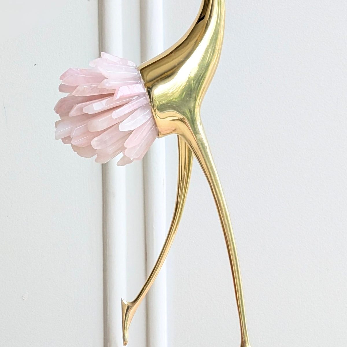 Ardea pink agate and gold-toned metal bird showpiece with upward-reaching neck — sculptural detail